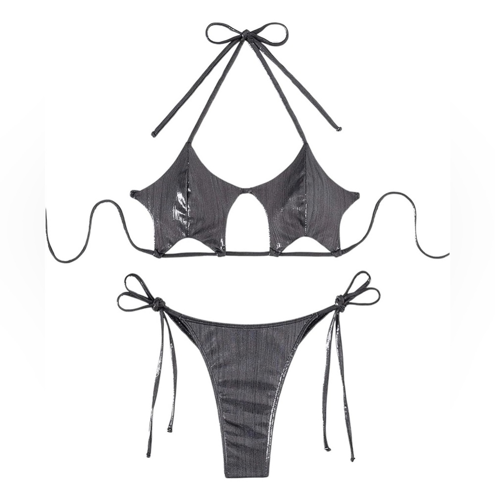 Black Metallic Y2K High Cut Bikini Set